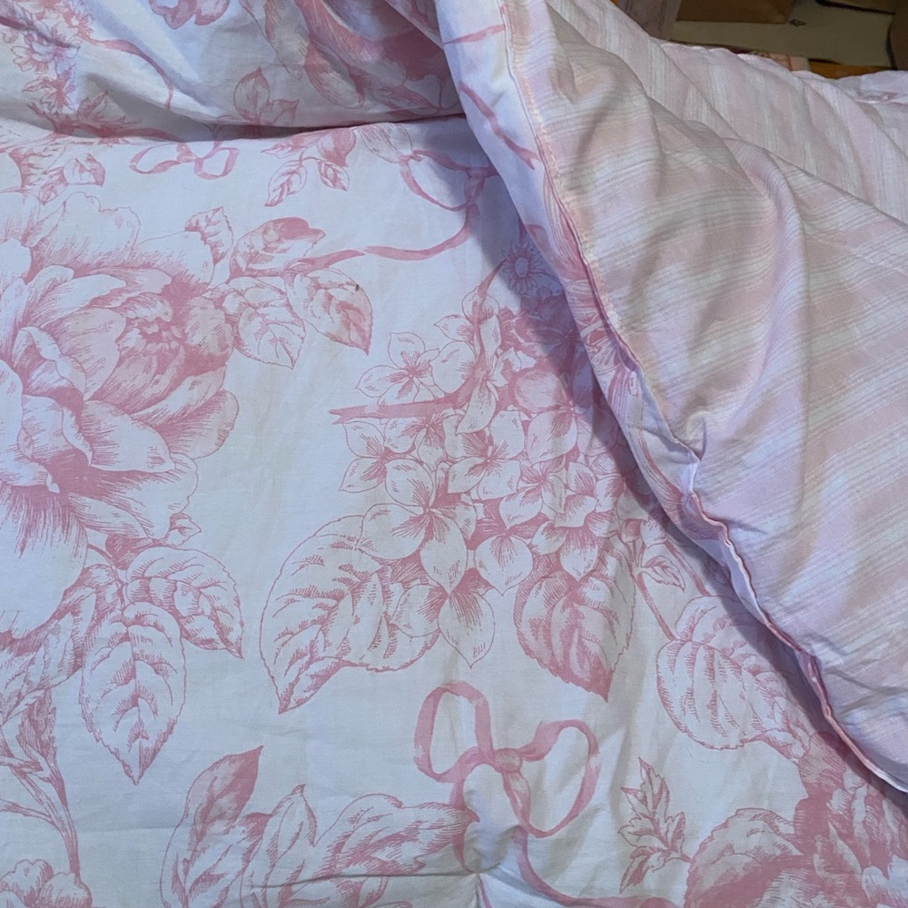Soft Pink Stripe Floral Toile Reversible Comforter Twin/Twin XL. 1 Pillow Case